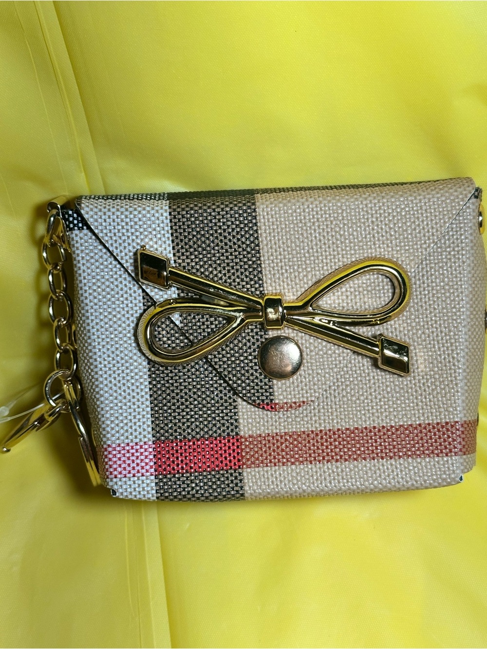 Women's Bow Accent Inspired Mini Bags Keychain - Beige Plaid